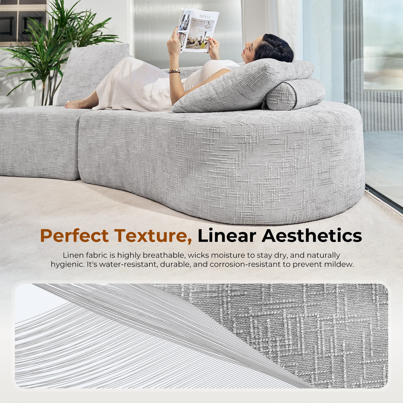 Patbrela 98" Modern Art Sofa Oversized Curved Couch, 38 Inch Extra Deep Seating Upholstered Sofa for Living Room, Office & Apartment, Linen Upholstery, No Assembly, Light Gray