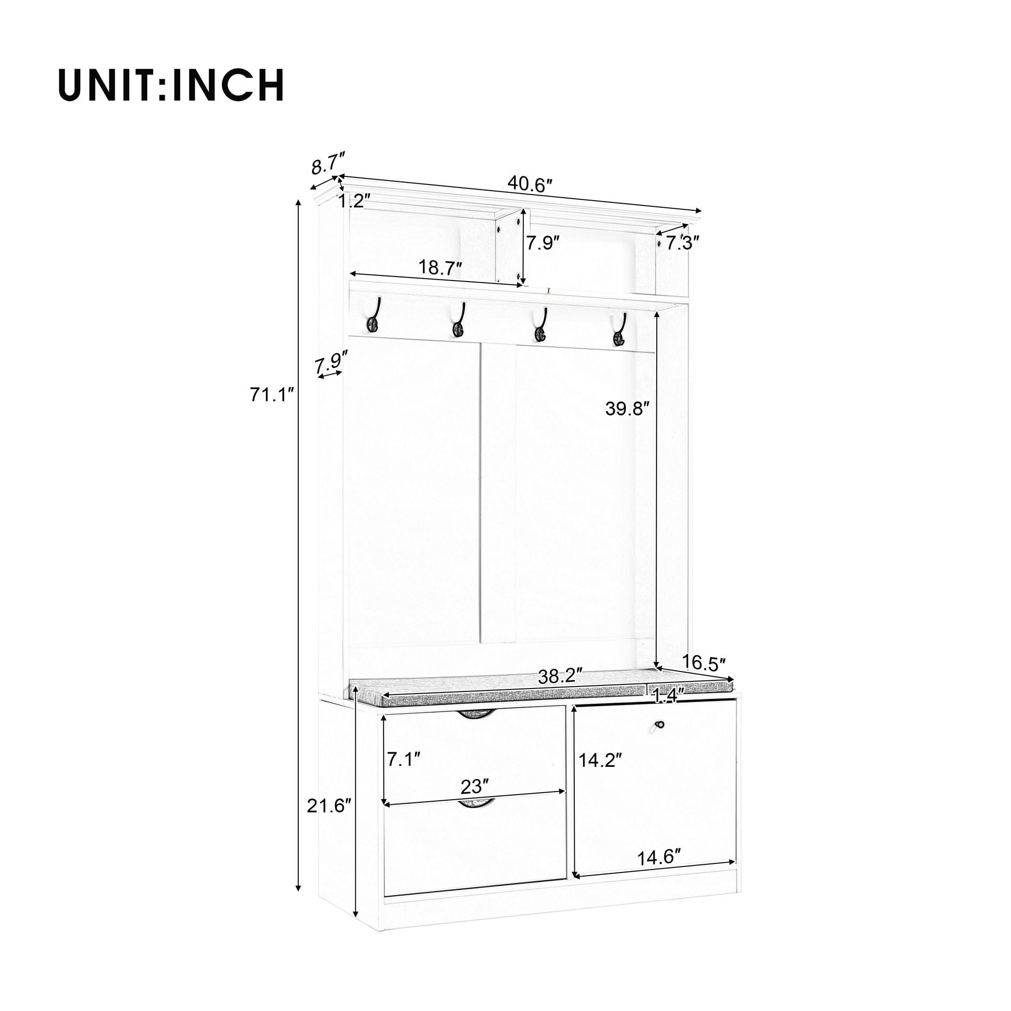 DEALTOPS Modern Hall Tree with Soft Bench, Entryway Coat Racks with Drawers and Shoe Cabinet, White
