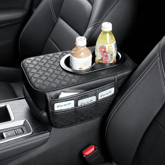 Black Car Center Console Pad with 2 Side Pockets and 2 Cup Holders, PU Leather Universal Car Armrest Protector Cover, Multifunctional Storage Mat for Phone, Water Bottle and Cards, Fits Most Vehicles