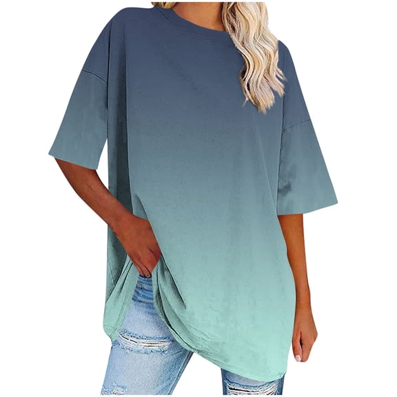 bnaln Womens Oversized T Shirts Clearance Summer Trendy Short Sleeve Tops Crew Neck Loose Fit Tees Gradient Print Workout Plus Size Tops Beach Vacation Athletic Gym Shirts