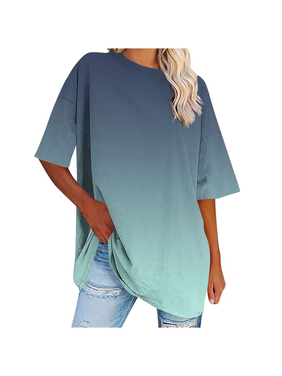 Women's Gradient Color Oversized Short Sleeve T-Shirt, Loose Fit Casual Ombre Tee Shirt for Street Style