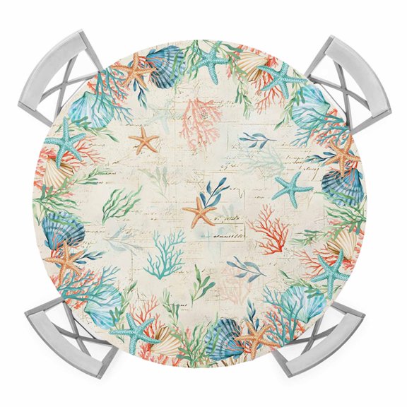 Elastic Fitted Round Tablecloth, Teal Red Coastal Waterproof Stretch Table Cover for 45"-54" Tables, Summer Beach Nautical Coral Starfish Vintage Washable Outdoor Tablecloths for Patio, Picnic