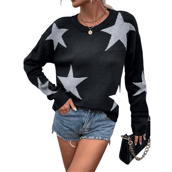 Women's Star Pattern Crew Neck Drop Shoulder Casual Sweater Pullover Knitwear