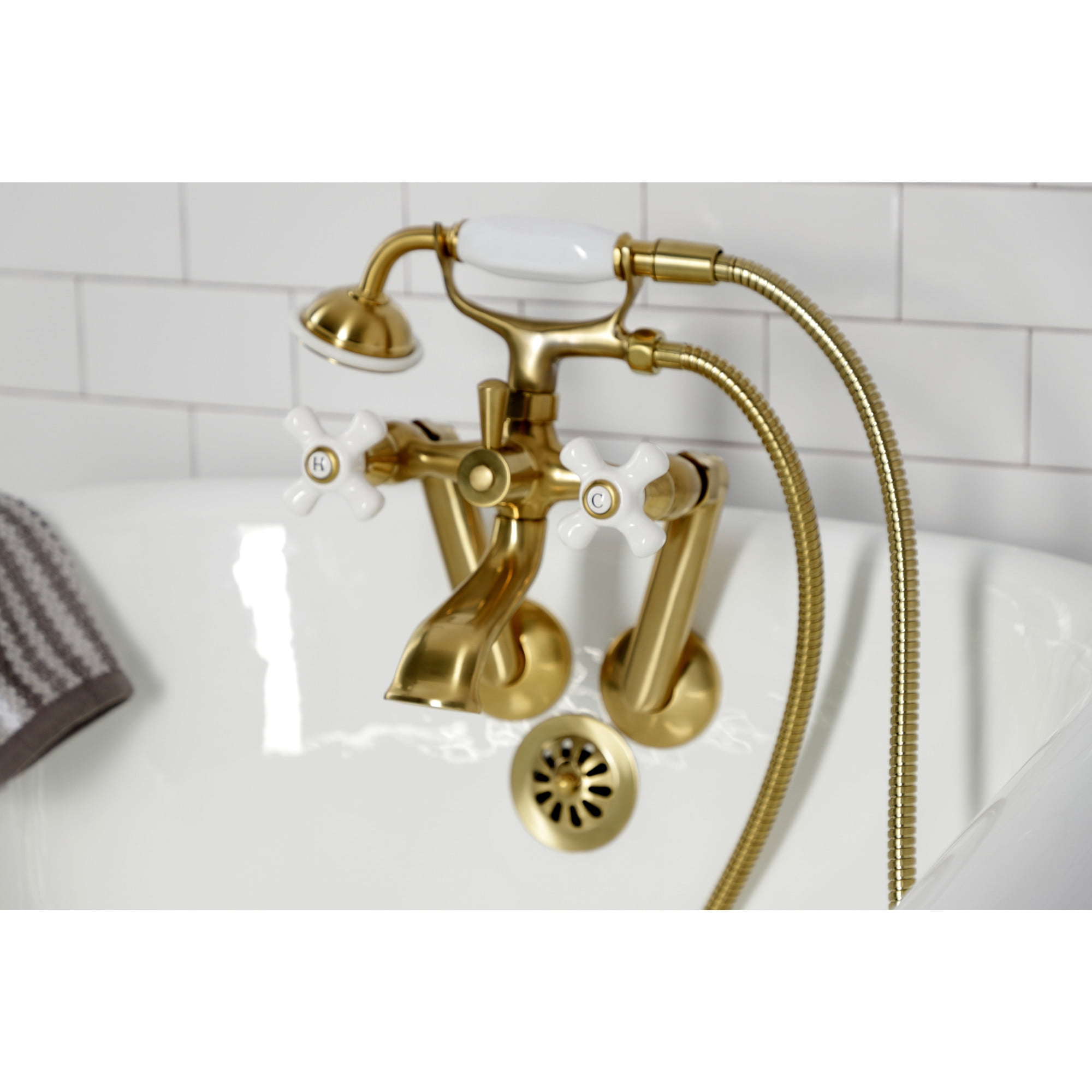 Kingston Brass KS269PXSB Kingston Three-Handle 2-Hole Tub Wall Mount Clawfoot Tub Faucet with Hand Shower in Brushed Brass