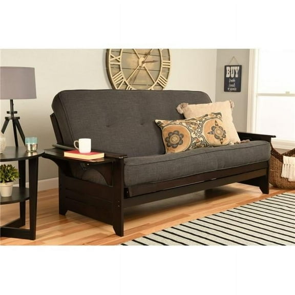 Phoenix Espresso Futon Frame with Linen Charcoal Mattress - Full Size