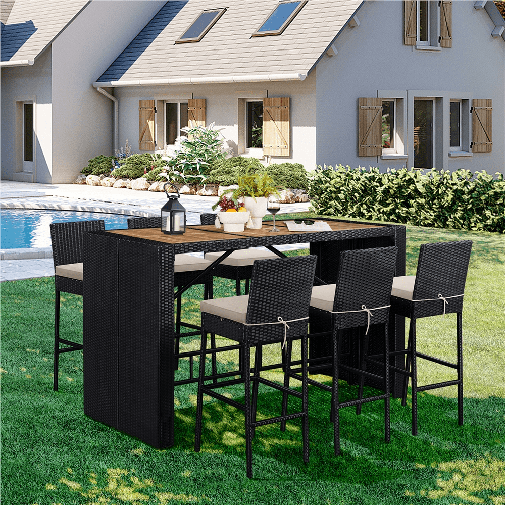 Renwick 7-Piece Outdoor Bar Table and Chairs Set with Wood Top and Cushions, Black/Beige