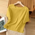 thumbnail image 5 of Mustard Yellow Women Crewneck Faux Linen Top Blouse for Women Short Sleeve Slit Plain Summer Fall Shirt 2026 Clothes Regular Fit XL, 5 of 5