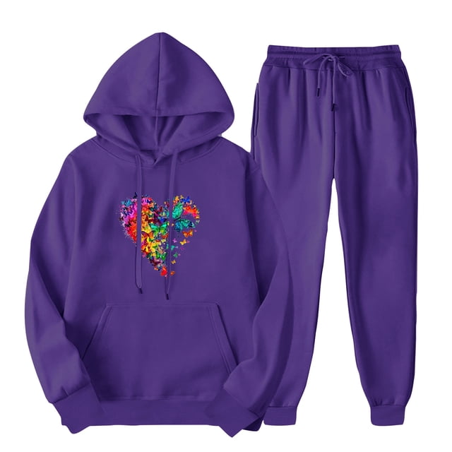 2 Piece Outfits Sweatshirt 2025 ZVAVZ Lady Colorful Heart Print Sweatsuit Sets Hooded Drawstring Pullover Tops Fashion Long Pants Lounge Set Tracksuit