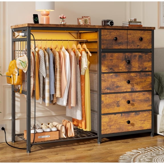 49.2" W Dresser with Hanging Rack & 6 Fabric Drawers for Bedroom, Featuring LED Lights and Charging Station, White Fabric Dressers & Chest of Drawers with Grid Panel & 4 Hooks, Wooden Top