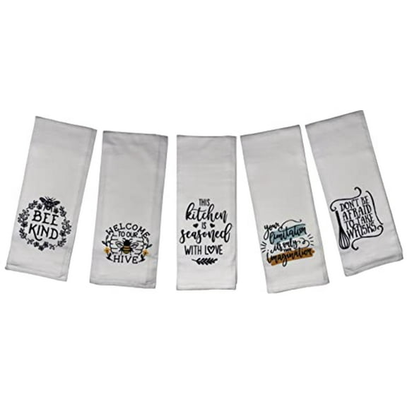 Set of 5, 100% Cotton Inspire Design Funny Cute Saying Flour Sack Kitchen Towels/Dish Towels for Wedding, Baby Shower, Home Decor, Housewarming, Other Occasions Size: 16 X 28 Inch.