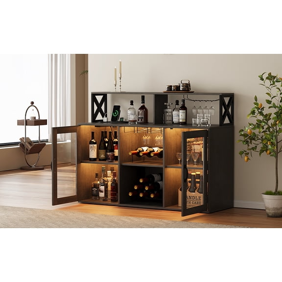 Maritcute Bar Cabinet with Power Outlets, Liquor Cabinet with Led Lights and Glass Holder, Storage Buffet Cabinet Coffee Bar Cabinet for Liquor, Wine Cabinet with Racks,Grey