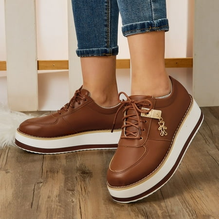 

Christmas Ladies Fashion Solid Color Leather Round Toe Lace Up Platform Casual Shoes
