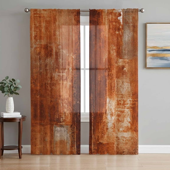 Sheer Curtains 84 Inches Long 2 Panels Set for Living Room, Burnt Orange Semi Sheer Curtains for Windows, Retro Oil Painting Modern Abstract Art Aesthetics Voile Window Treatments Rod Pocket Curtain