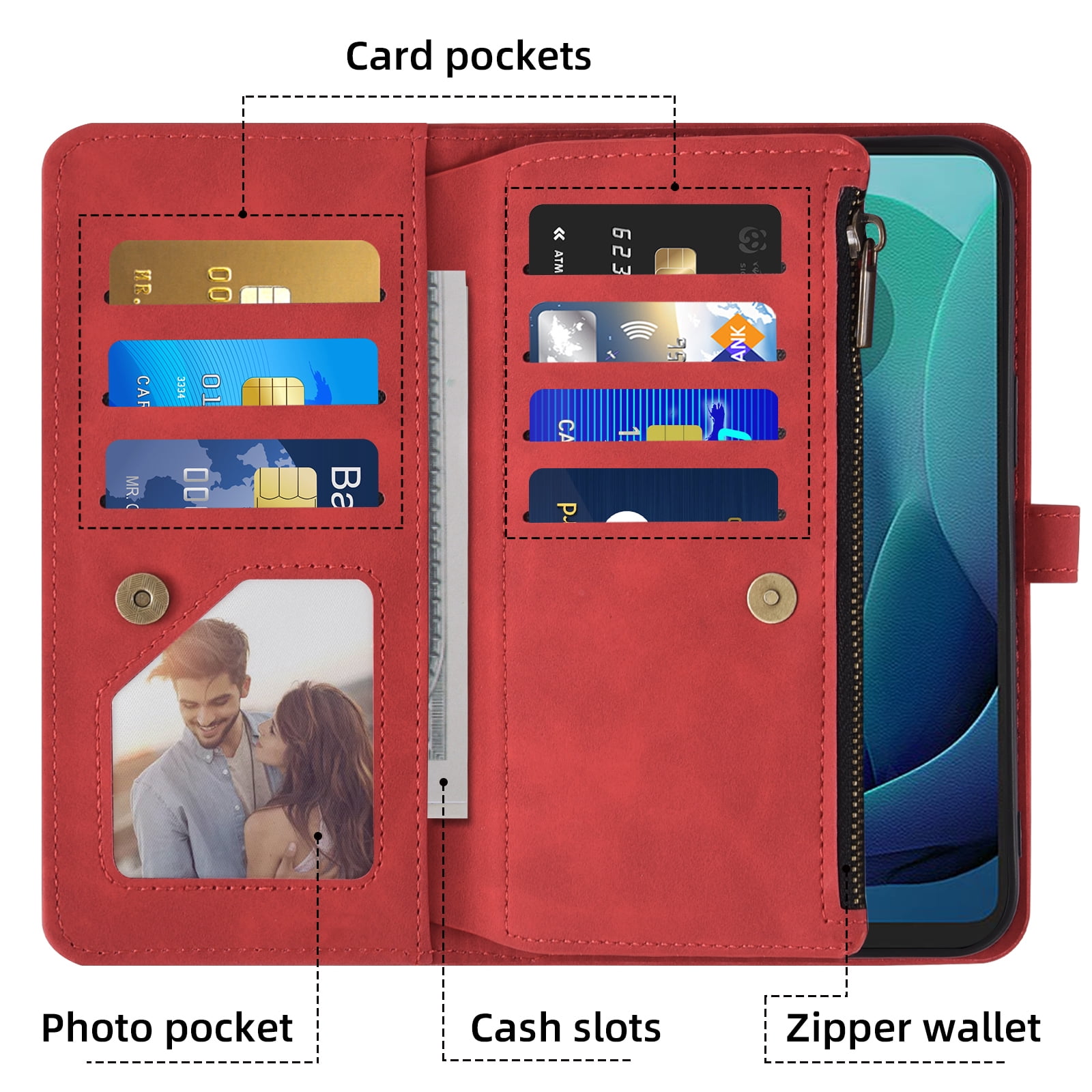 Asuwish Phone Case for Motorola Moto G 5G 2024 Wallet Cover With Tempered Glass Screen Protector Crossbody Wrist Strap Flip Pattern Zipper Credit Card Holder Stand Slot Cell G5G 5 G G5 Women Men Red