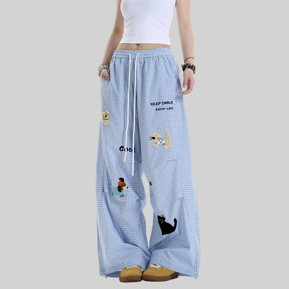 Women Pants Y2K Plaid Baggy Pants Women Streetwear Cartoon Embroidery Wide Leg Casual Drawstring Elastic Waist Trousers,High Waist Drapery Palazzo Pants with Pleats(BlueA,L)