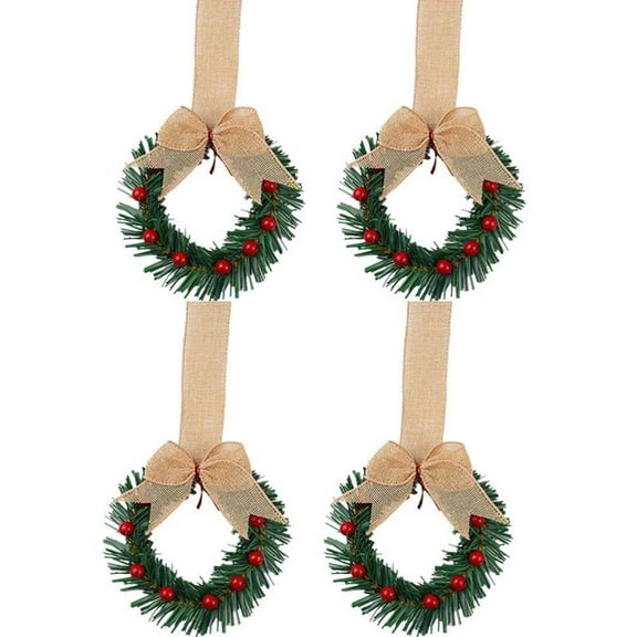 4 Pcs 4in Christmas Mini Cabinet Wreaths with Ribbon Bows Red Berry Artificial Small Kitchen Wreath for Window Front Door Farmhouse Wall Xmas Decorations Beige