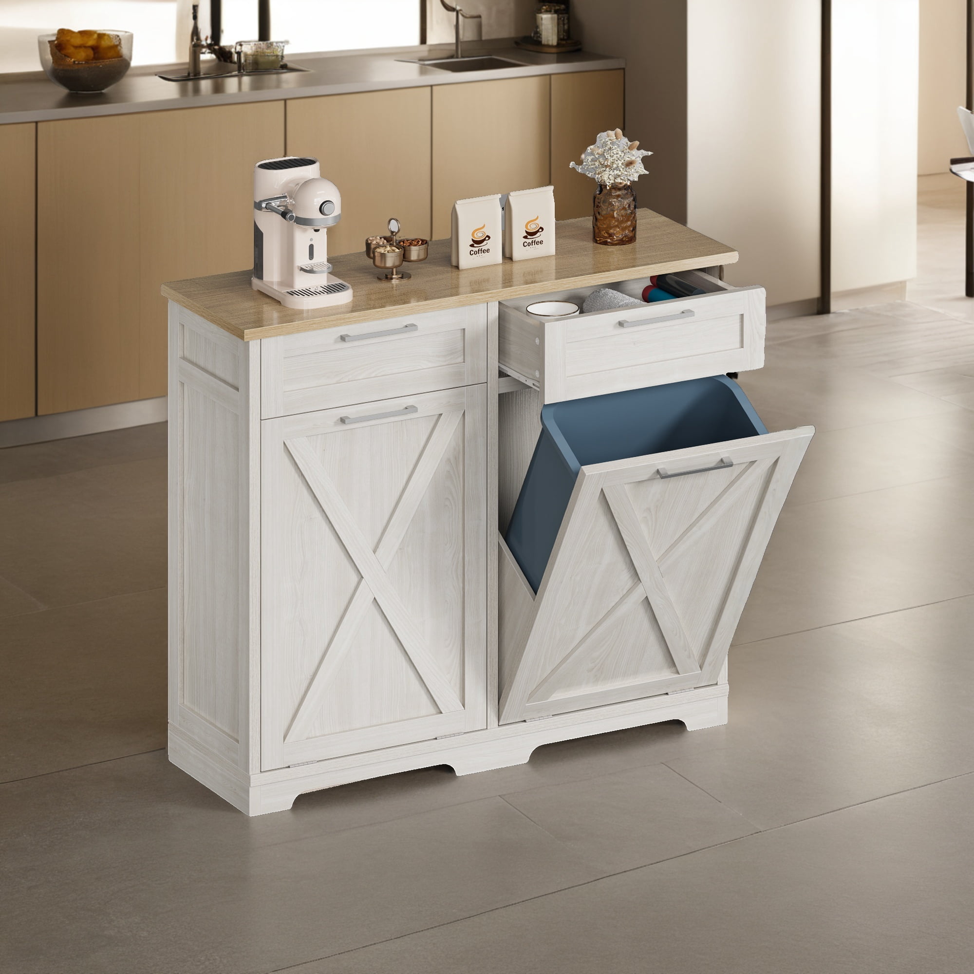 Uforic Buffet Cabinet with Drawer, Tilt Out Storage Cabinet for Double 10-gal Trash Bins, White