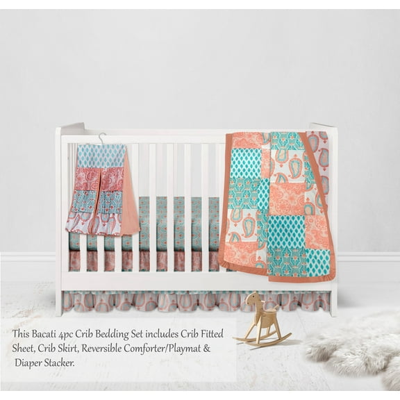 Bacati - Paisley Sophia 4-Piece Crib Bedding Set with Diaper Stacker - Coral/Aqua Girls