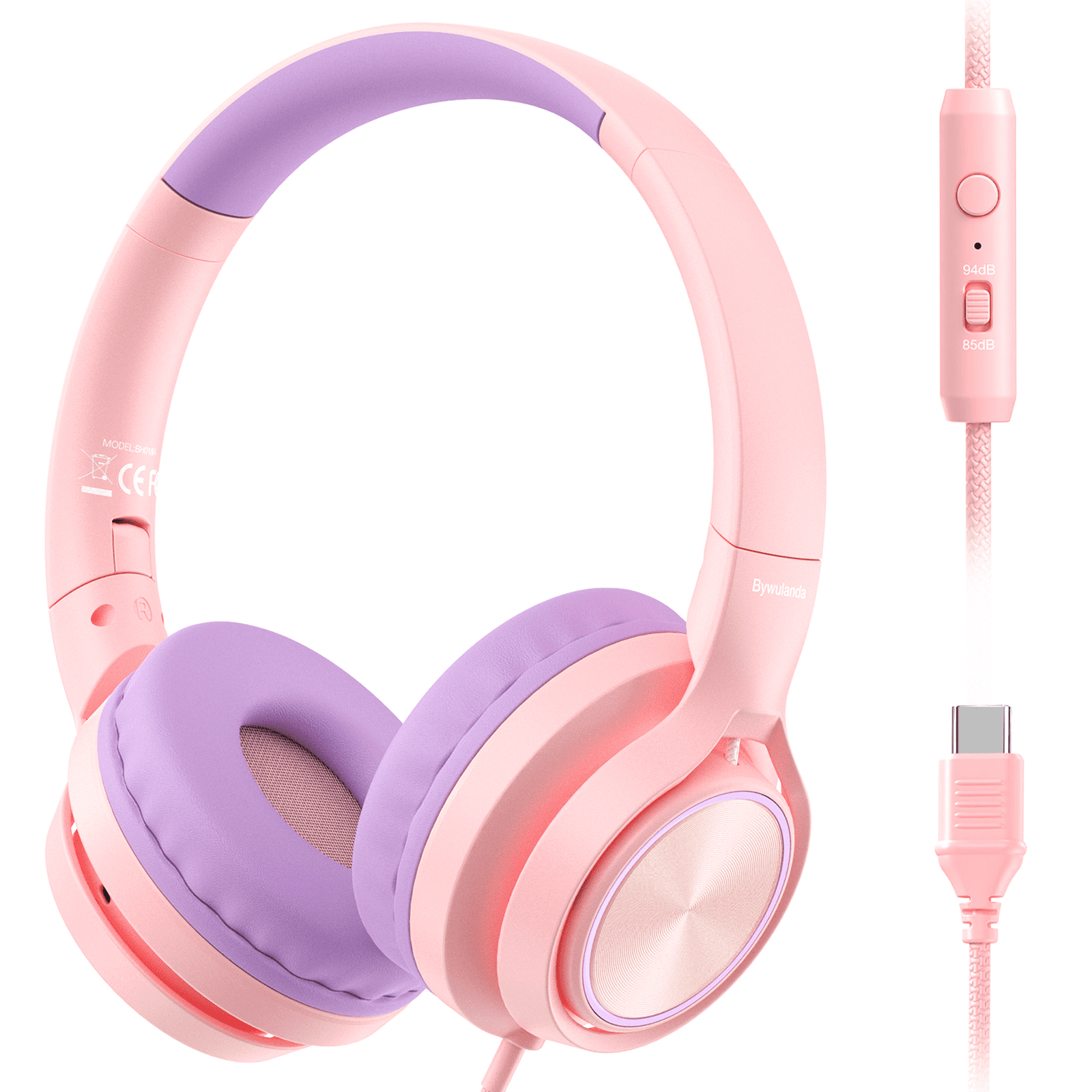 Upgrade USB-C Kid Headphone with Microphone, Safe Volume Limiter 85/94dB, Foldable Over Ear Wired Headphones for Toddlers/Boys/Girls/School/Laptop/Travel-Pink