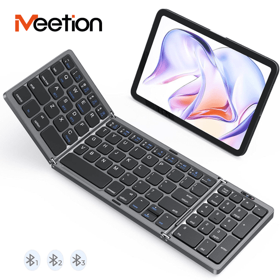 Meetion K9554 Foldable Bluetooth Keyboard, Portable with Number Pad, Rechargeable, 3-Device for Tablet/Laptop/Phone - Black