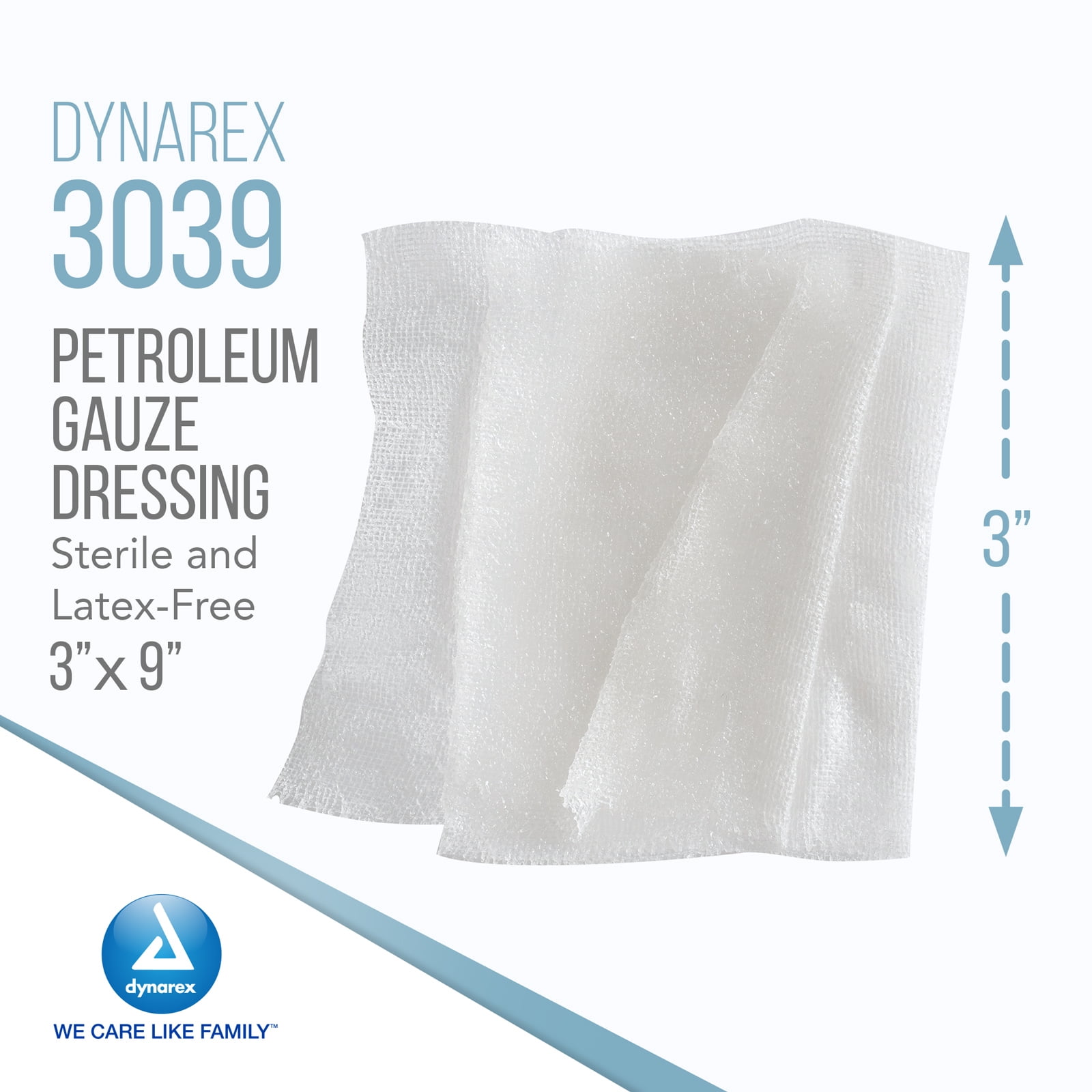 Dynarex Petroleum Gauze Dressings, 3" x 9", Sterile & Latex-Free, Non-Adherent Gauze Impregnated by Petroleum Jelly for Wound Care, Single Pouches, 1 Case of 200 (4 Boxes of 50)