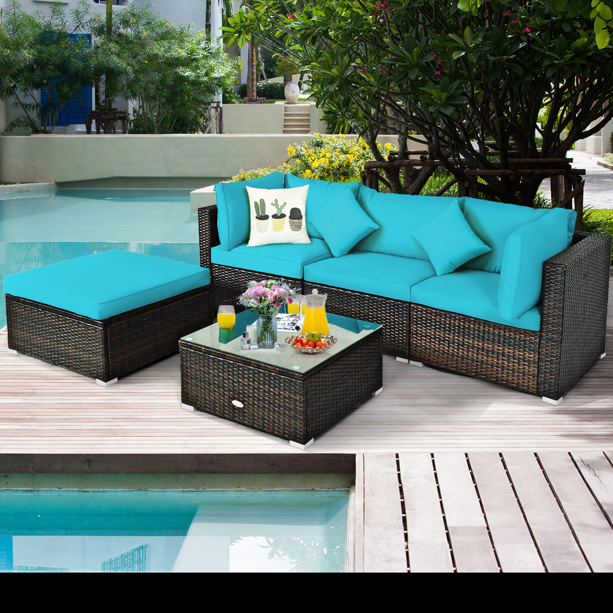 Patiojoy 8-Piece Outdoor Rattan Sectional Loveseat Couch Conversation Sofa Set with Storage Box &Coffee Table Turquoise - image 4 of 6