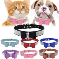 Walbest Bling Diamond Dog Collar with Cute Double Bowknot, Adjustable Faux Suede Leather Safety Puppy Cat Collar, Sparkly Rhinestone Christmas Decorative Necklace for Pets