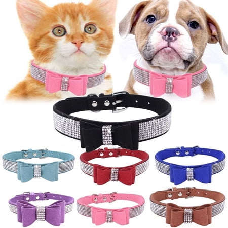 Walbest Bling Diamond Dog Collar with Cute Double Bowknot, Adjustable Faux Suede Leather Safety Puppy Cat Collar, Sparkly Rhinestone Christmas Decorative Necklace for Pets