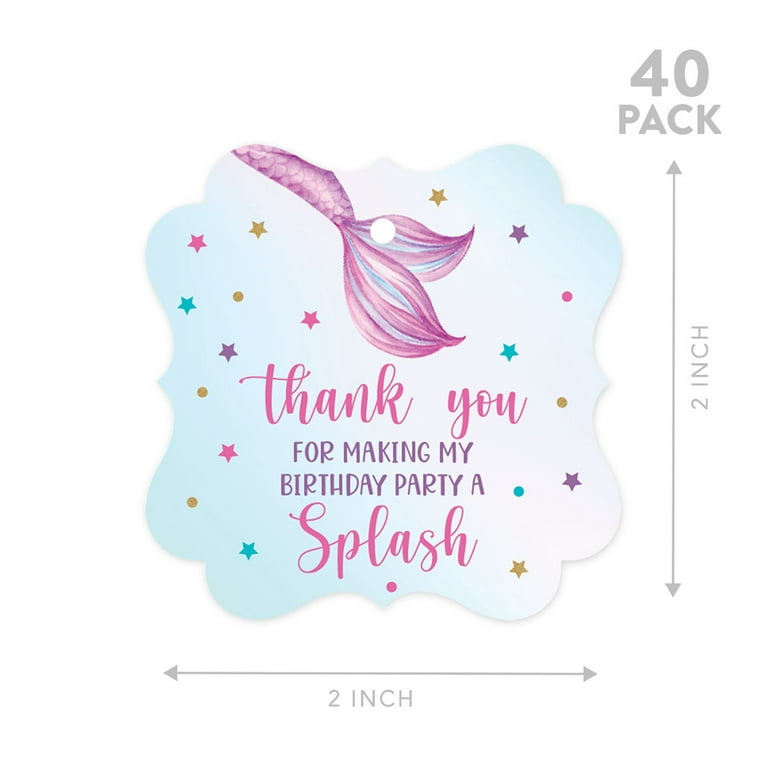 Andaz Press Fancy Frame Kids Party Favor Thank You Tags with String, Mermaid Birthday Gift Tags for Gift Bags, White