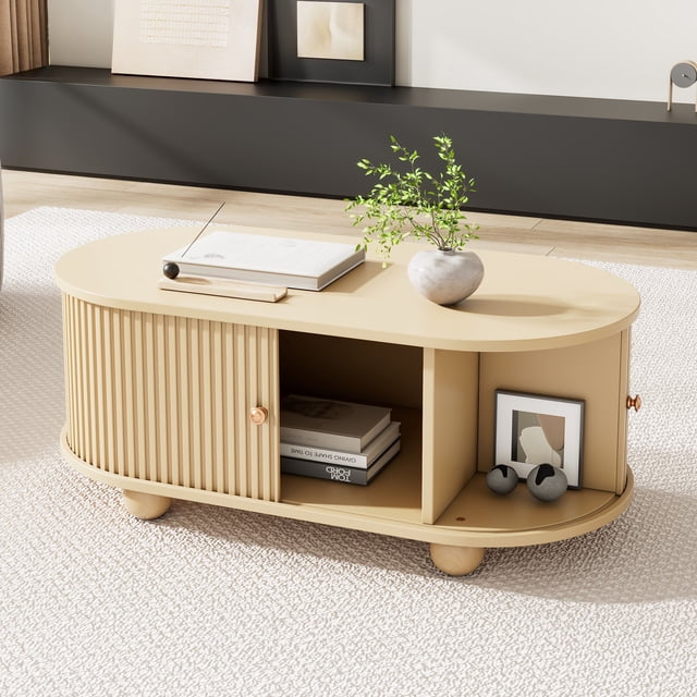 Oval Coffee Table with 2 Sliding Doors, Rounded Corners,Hidden Compartment Center Table, Sofa table with storage space, Side table with Central open storage area,39.3*19.6*15.7 inches,Wood-MDF