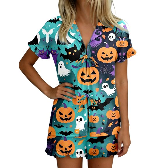 Halloween Pajama Set for Women Halloween Print Short Sleeve Top and Shorts 2 Piece Separate Casual Sleep Loungewear