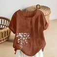 thumbnail image 5 of Women Floral Print Linen Shirts Short Sleeve Gauze Tops Loose Round Neck Cotton Blouses Trendy Summer Vacation Clothing, 5 of 5