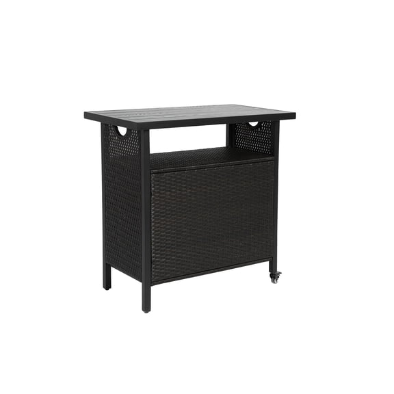 CQSXDA Outdoor Wicker Bar Cart with Wheels in Natural Brown, Rolling Rattan Beverage Serving Table for Porch and Poolside Parties