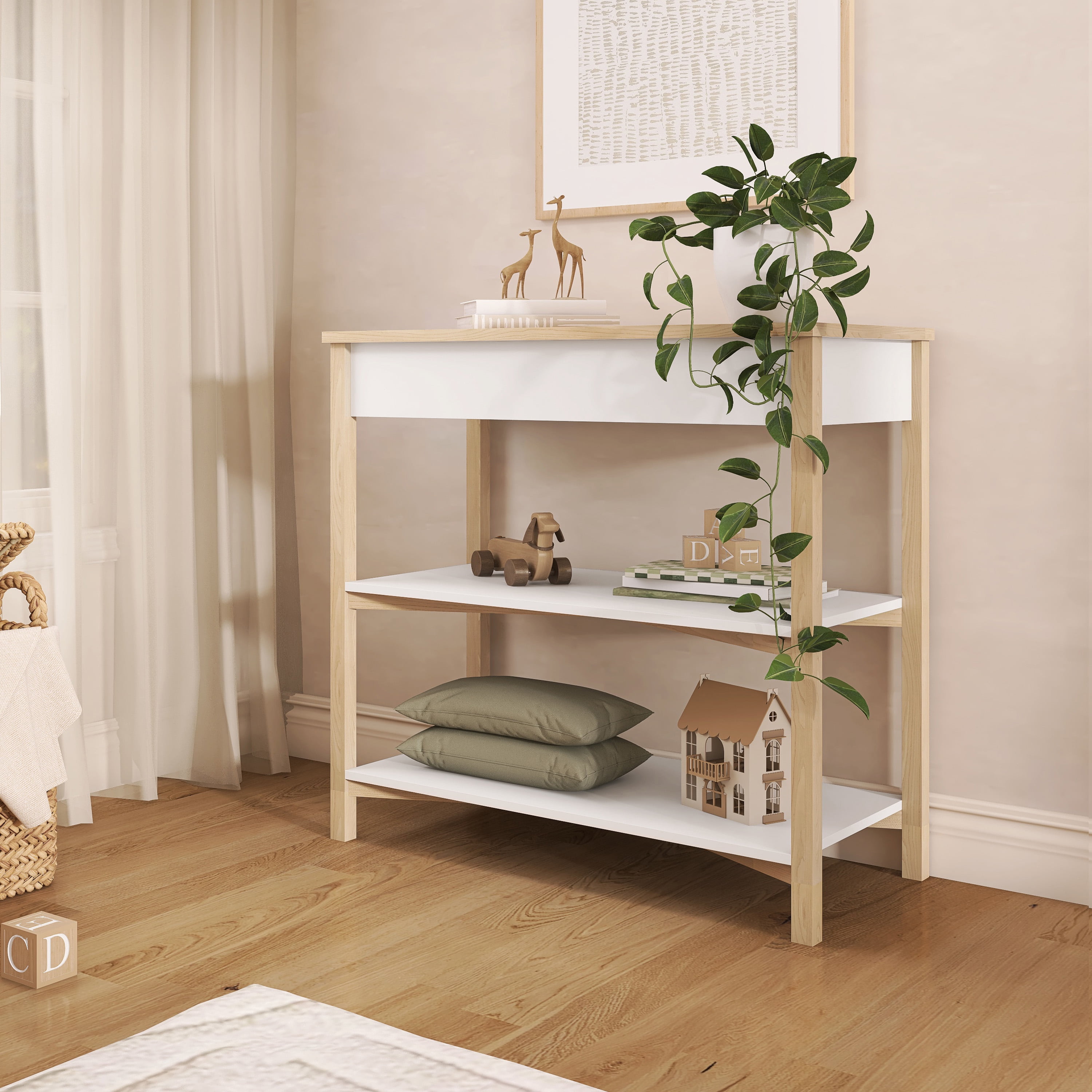 Dream On Me Owen Changing Table in Vintage White Oak, JPMA Certified, with two bottom shelves for storage