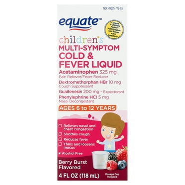 Equate Children's Multi-Symptom Cold & Fever Liquid, Berry Burst Flavor, Ages 6 to 12 Years, 4 fl oz, Compare to Children's Mucinex® Multi-Symptom Cold & Fever Active Ingredients