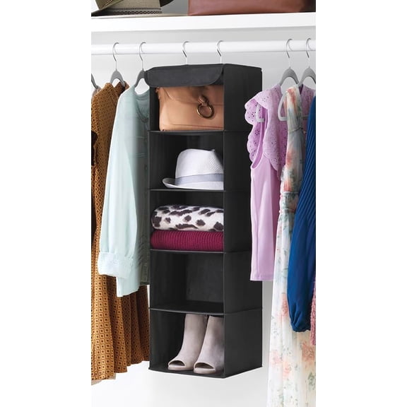 5 Section Closet Organizer - Hanging Shelves with Sturdy Metal Frame, Black
