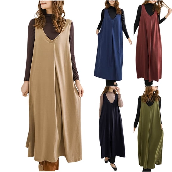 Ashirexll Long Dresses for Women, Flowy Dresses for Women, Fashion Solid Color V-Neck Sleeveless Waistcoat Ankle Length Pocket Dress