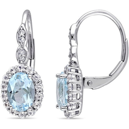 Tangelo 2-3/4 Carat T.G.W. Oval-Cut Sky Blue Topaz, White Topaz and Diamond-Accent 14kt White Gold Halo Earrings