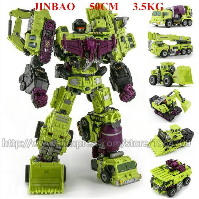 jinbao-figuras de acción 6 en 1 de transformers para niños, juguetes de transformers de anime devastator de 50cm, robot g1, regalo — Vista frontal centrada de la figura combinada Devastator (aprox. 50 cm) en color JB Green, silueta humanoide formada por seis vehículos de obra; material según especificación: plástico ABS y aleación; detalles morado y gris, articulaciones móviles en hombros, codos y rodillas; imágenes adicionales muestran los seis modos vehiculares separados (mezcladora, excavadora, cargador frontal, apisonadora, camión de volteo y plataforma) sobre fondo blanco; sin caja original. A menudo usado como pieza central de exhibición en colecciones de figuras de acción.
