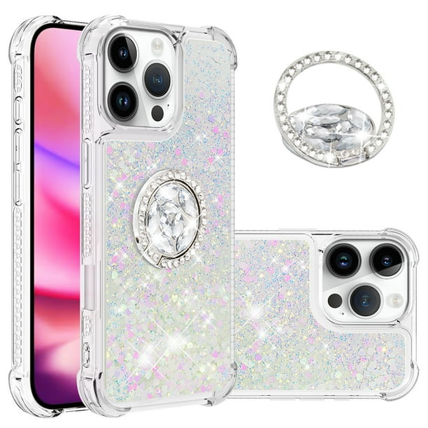 Funda para iPhone 16 Pro con Brillo Líquido Flotante, Purpurina, Parachoques y Anillo Giratorio Soporte