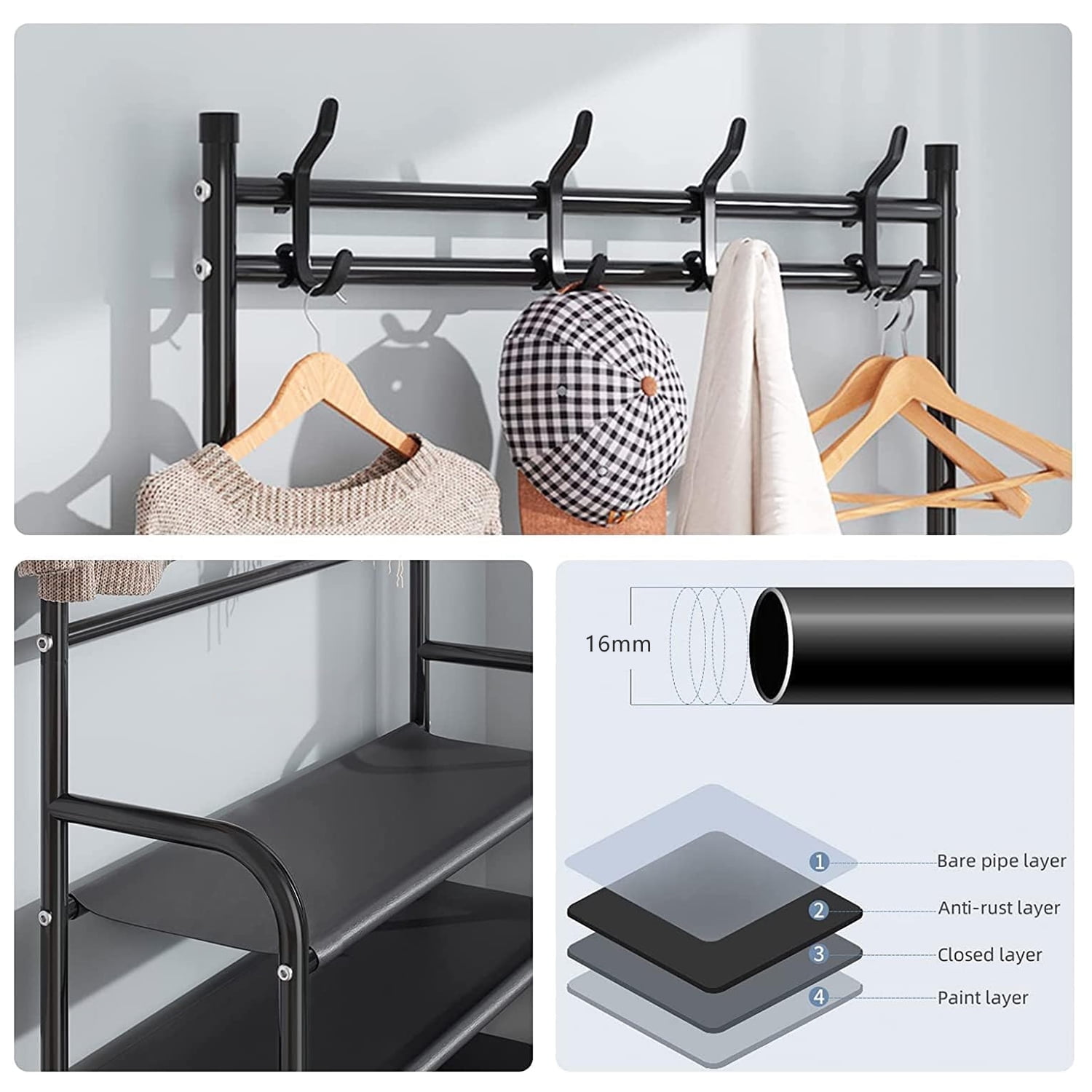 Brochao 5 Tiers Shoe Rack with Coat Rack, Shoe Organizer Storage with Hooks, Freestanding Shoe Shelf for Entryway, Hallway, Office, Black