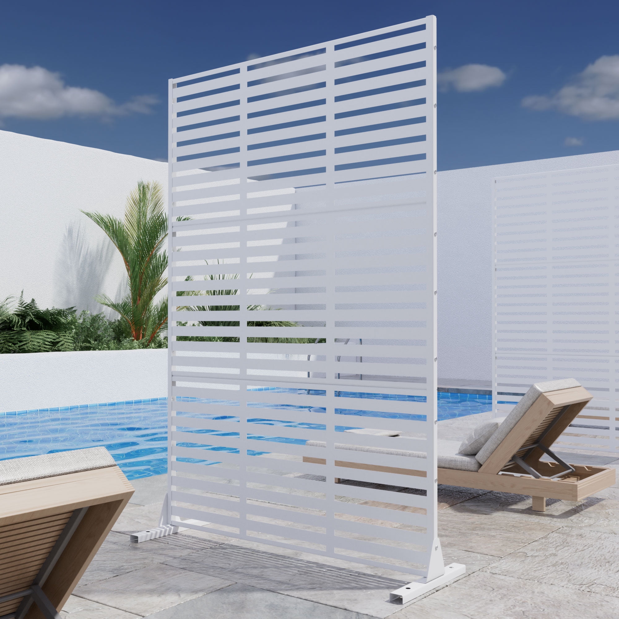 MAYEERTY 72*47" Outdoor White Metal Freestanding Panel Screen for Patio, Wide-Narrow Slat Pattern