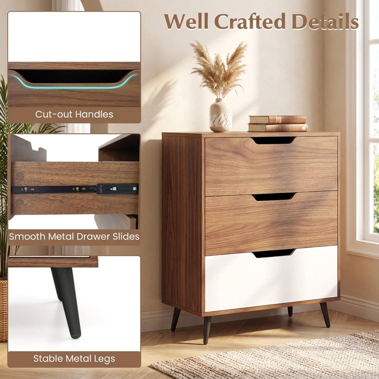 Furnibear 3-Drawer Rustic Farmhouse Wooden Storage Dresser for Bedroom Closet Living Room Nursery Clothes Storage, Walnut