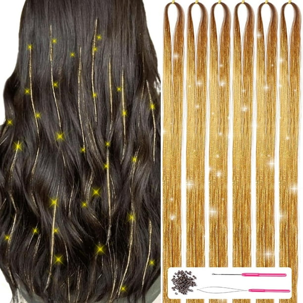 MISSUHUI Oropel para el cabello con herramientas 47 pulgadas 1200 hebras Extensiones de cabello con purpurina y oropel brillante Kit de hebras de oropel para el cabello de hadas Accesorios para el cab