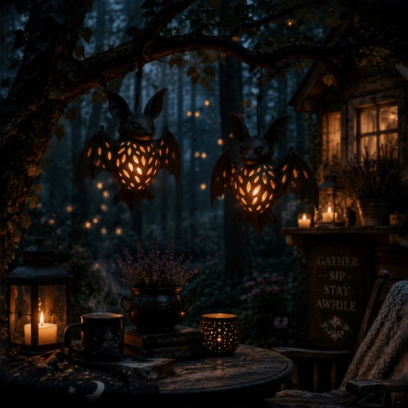 2PCS Hanging Bat Solar Lantern Outdoor Halloween Decor, Bat LED Warm Light Waterproof Hanging Ornament for Garden Patio Yard Porch Holiday Party Decorations