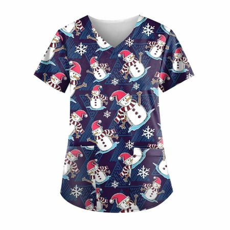 

purcolt Christmas Scrubs for Women Womens Print Professional Scrubs Tops Short Sleeve V Neck Nursing Workwear Tunic Working Uniform Blouse Medical Blouse with Pockets