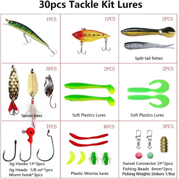UBSWF-Fishing Lures Kit Set, Baits Tackle Including Crankbaits, Topwater Lures, Spinnerbaits, Worms, Jigs, Hooks, Tackle Box and More Fishing Gear Lures for Bass Trout