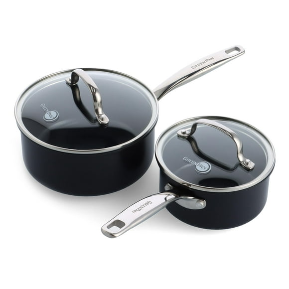 GreenPan Prime Chatham 1QT & 2QT Saucepan Pot Set with Glass Lids Hard Anodized Diamond Infused Ceramic Nonstick PFAS-Free Dishwasher Safe Oven Safe Multipurpose Chefs Pan Stay-Cool Handle Black