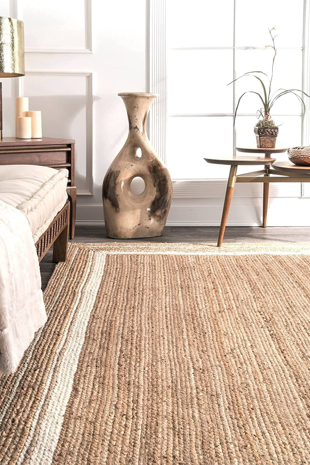 Avgari Creation White Border Natural Jute Beige Hand Braided Pattern Area Rug Carpet-10"Sq Feet (120 inch)