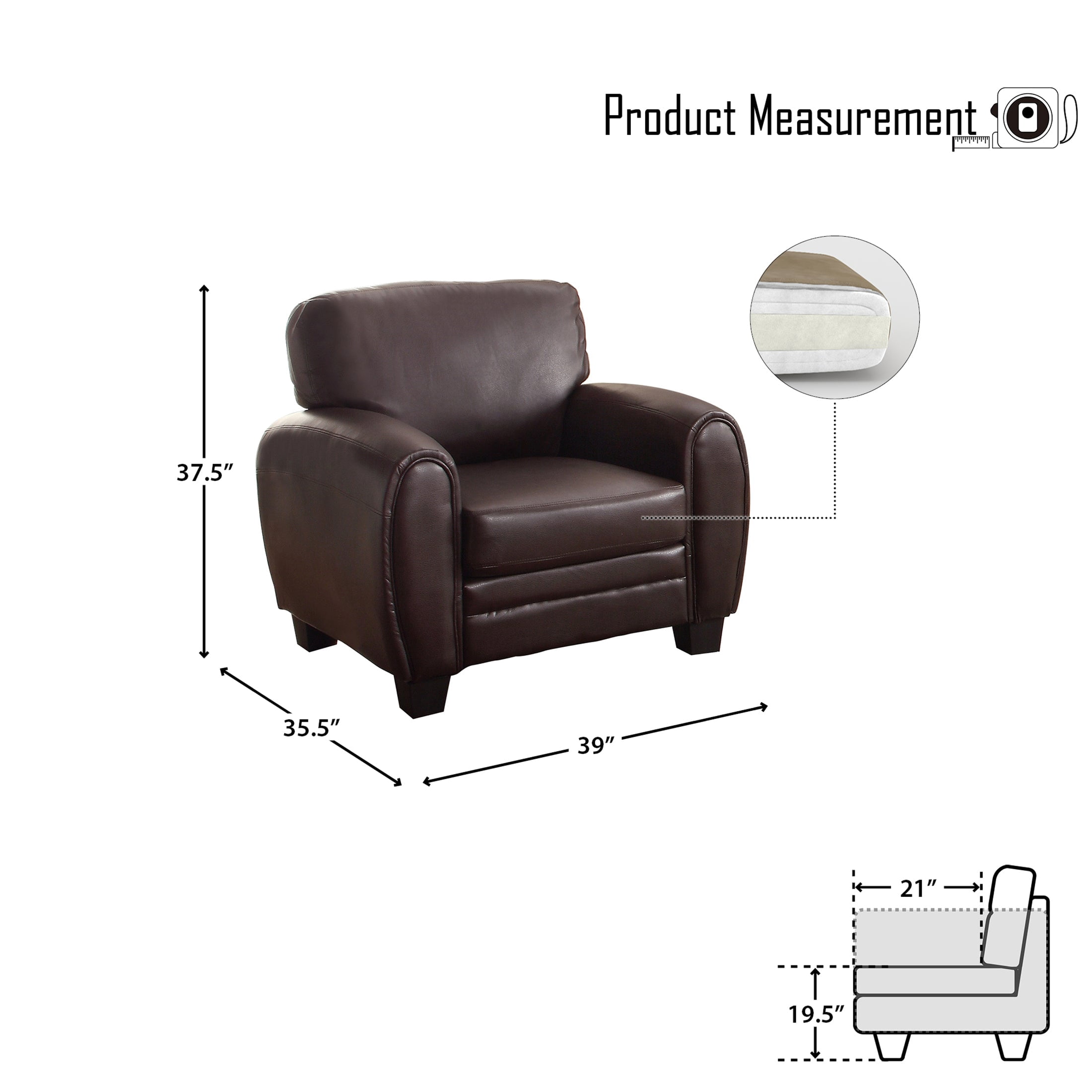 OakvillePark Arcadia Faux Leather Upholstered Living Room Chair, Dark Brown